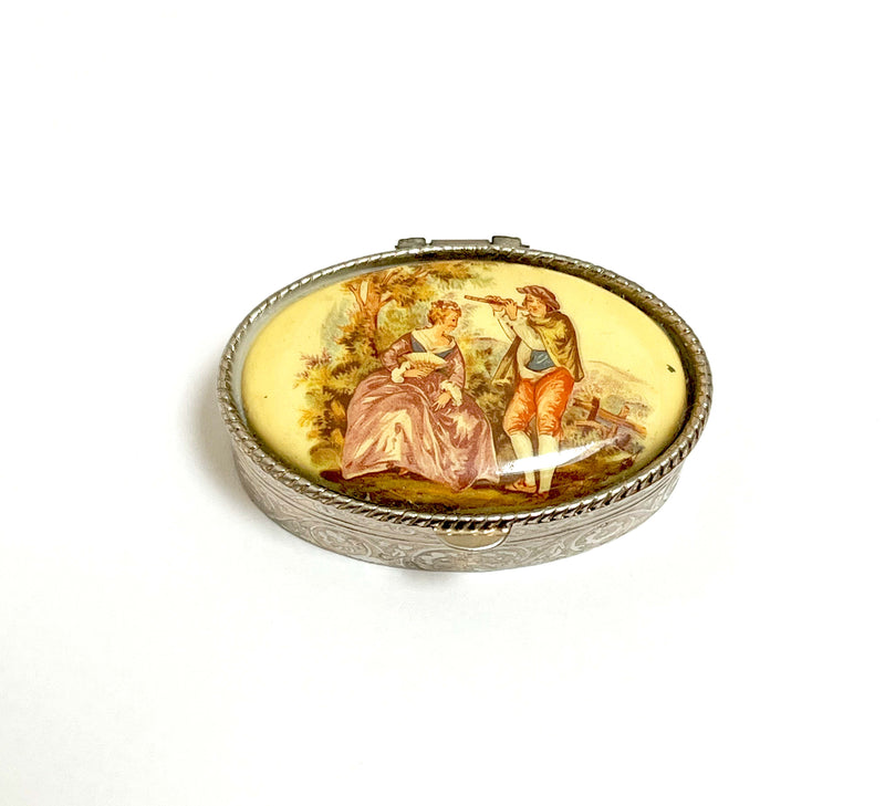 Vintage pill box with Lip Balm - Renaissance Courting Couple