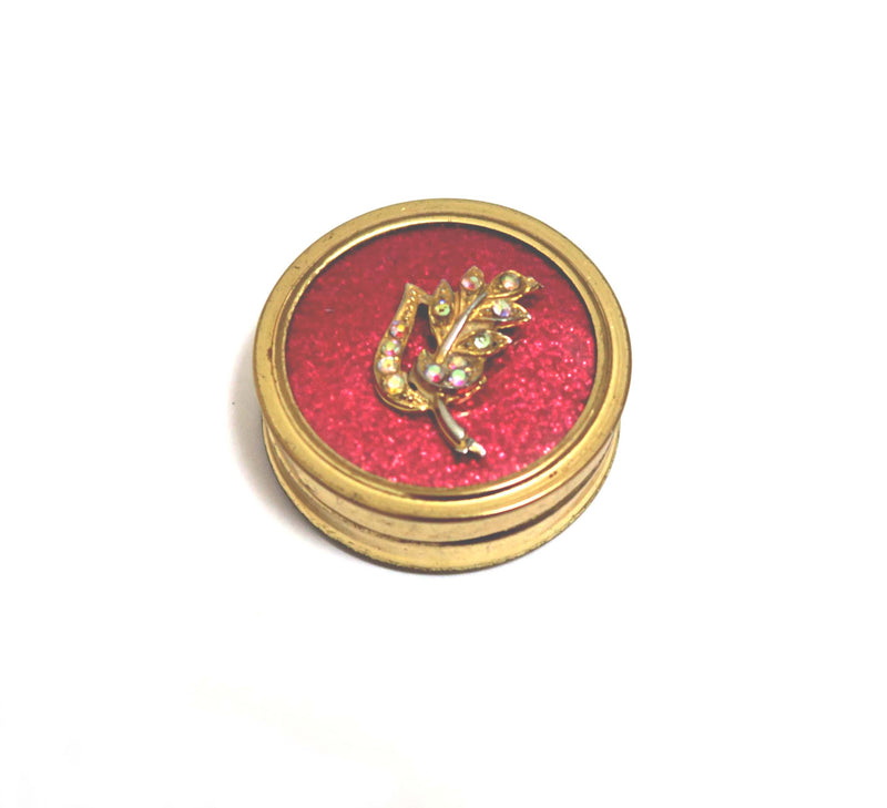 Vintage Pill Box with Lip Balm - Leaf and rhinestones